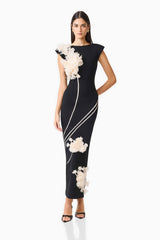 Martina Applique Gown in Black with boat neck and 3D floral detailing posed shot 