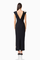 Martina Applique Gown in Black with plunging back and zipper back shot 