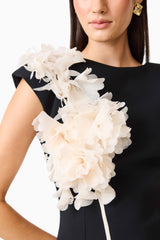 Martina Applique Gown in Black with boat neck and 3D floral detailing detail shot 