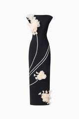 Martina Applique Gown in Black with boat neck and 3D floral detailing ghost shot 