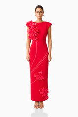 Martina Applique Gown in Red with boat neckline and flower details front shot