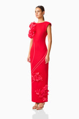 Martina Applique Gown in Red with boat neckline and flower details side shot