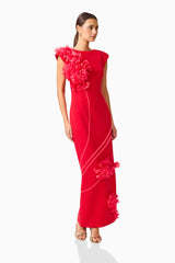Martina Applique Gown in Red with boat neckline and flower details posed shot