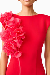 Martina Applique Gown in Red with boat neckline and flower details, detail shot