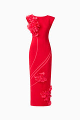 Martina Applique Gown in Red with boat neckline and flower details ghost shot