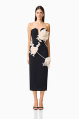 Martina Applique Midi Dress in Black with a sweetheart neckline and 3D floral detailing front shot
