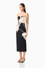 Martina Applique Midi Dress in Black with a sweetheart neckline and 3D floral detailing side shot