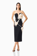 Martina Applique Midi Dress in Black with a sweetheart neckline and 3D floral detailing posed shot