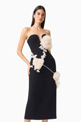 Martina Applique Midi Dress in Black with a sweetheart neckline and 3D floral detailing posed shot