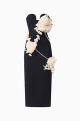 Martina Applique Midi Dress in Black with a sweetheart neckline and 3D floral detailing ghost shot
