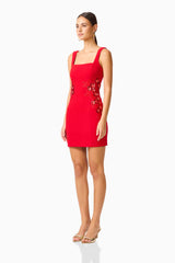 Solina Party Mini Dress in Red with square neckline & floral embellishments side shot