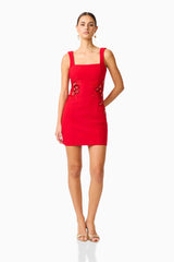 Solina Party Mini Dress in Red with square neckline & floral embellishments posed shot
