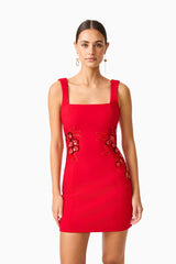 Solina Party Mini Dress in Red with square neckline & floral embellishments close up posed shot