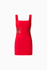 Solina Party Mini Dress in Red with square neckline & floral embellishments ghost shot