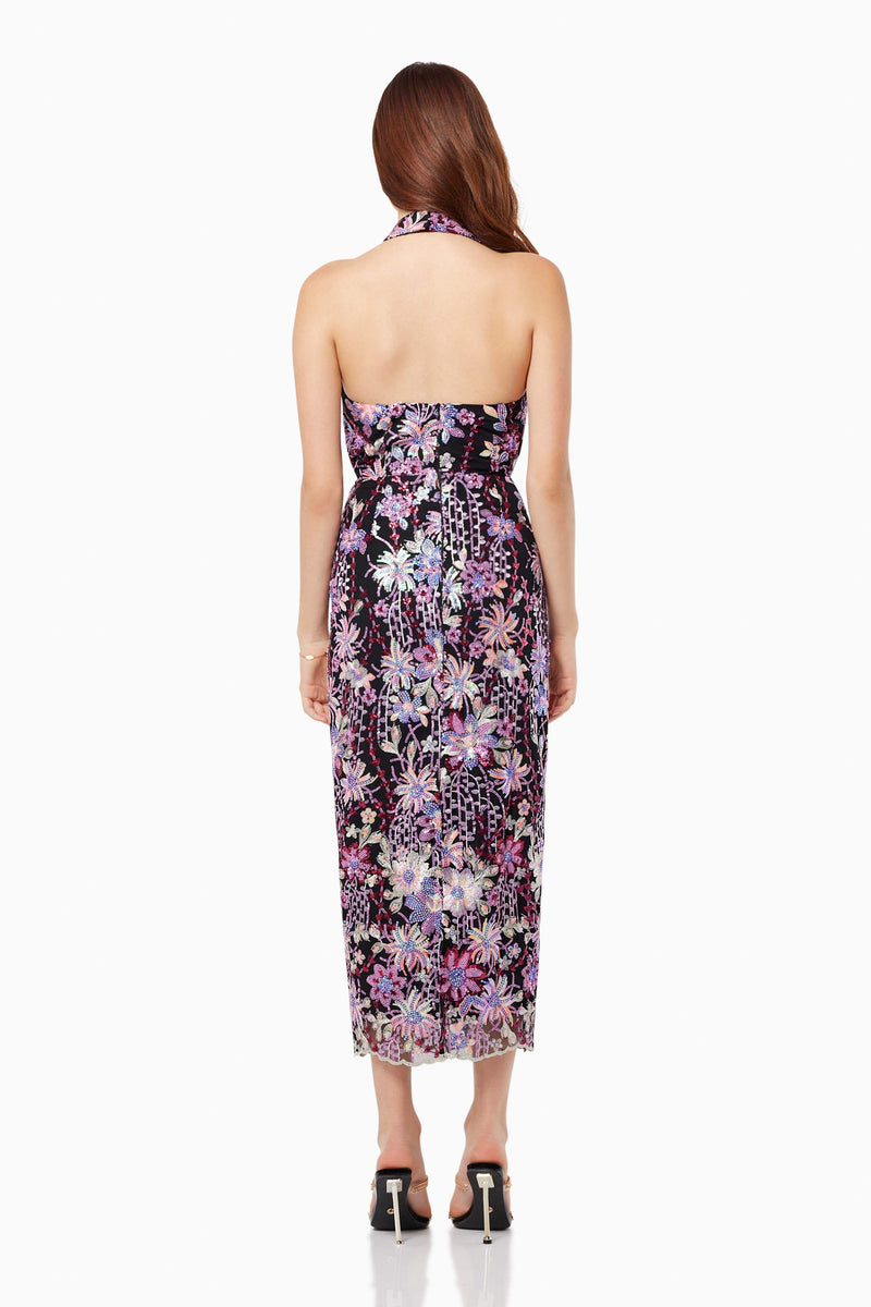 Model Wearing STAGE SEQUIN MESH MIDI DRESS IN MULTI Back Shot