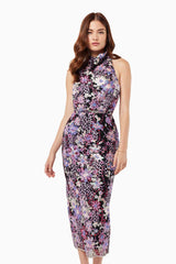 Model Wearing STAGE SEQUIN MESH MIDI DRESS IN MULTI Close Up Front Shot