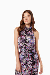 Model Wearing STAGE SEQUIN MESH MIDI DRESS IN MULTI close up Front Shot