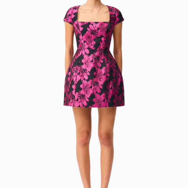 holly pink off shoulder jacquard floral mini dress Holly Short Sleeve Mini Dress in Pink & Black Floral