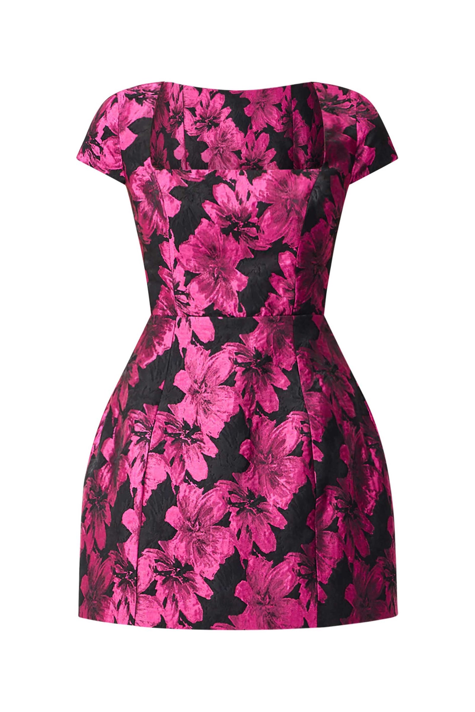 holly pink off shoulder jacquard floral mini dress Holly Short Sleeve Mini Dress in Pink & Black Floral