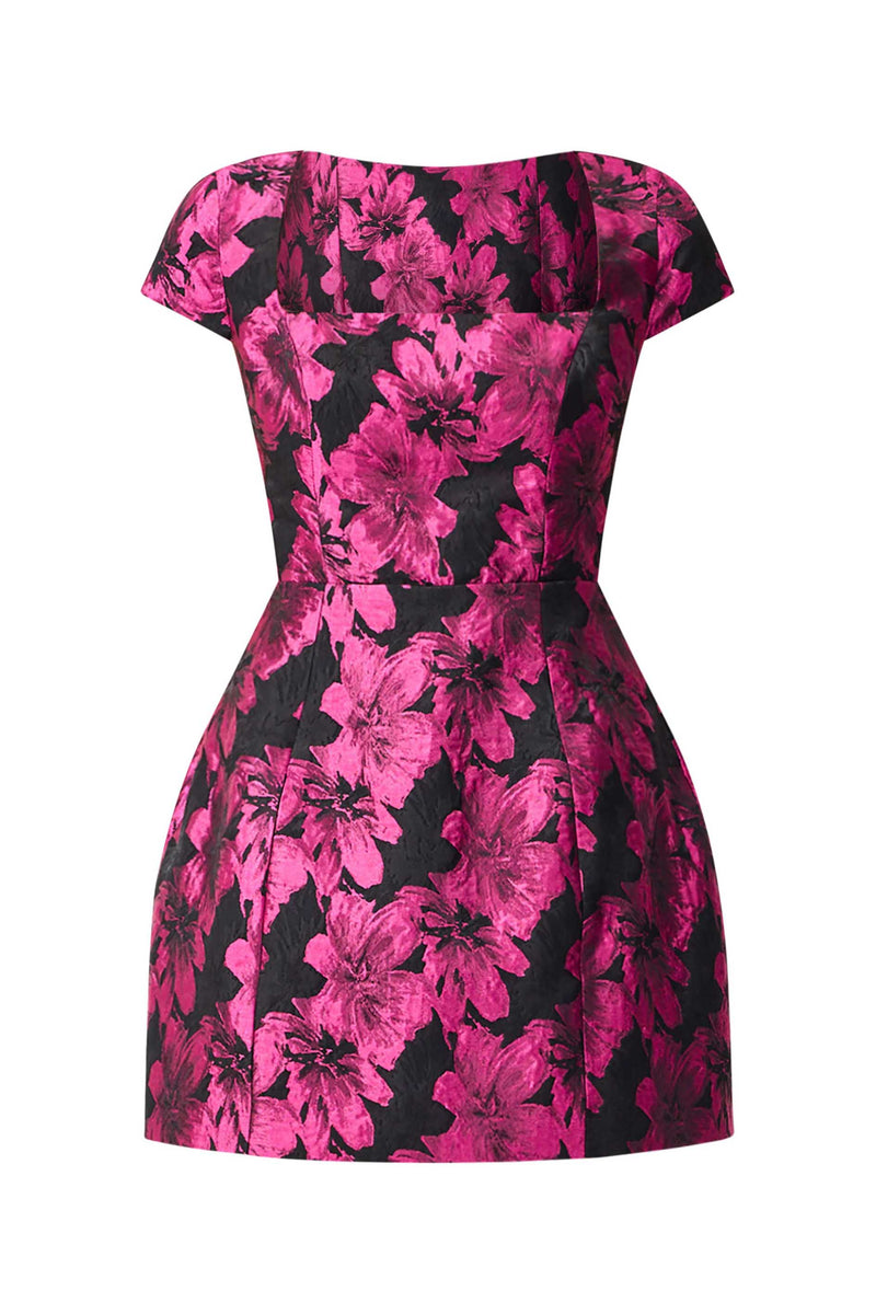 Holly Short Sleeve Mini Dress in Pink & Black Floral ghost shot