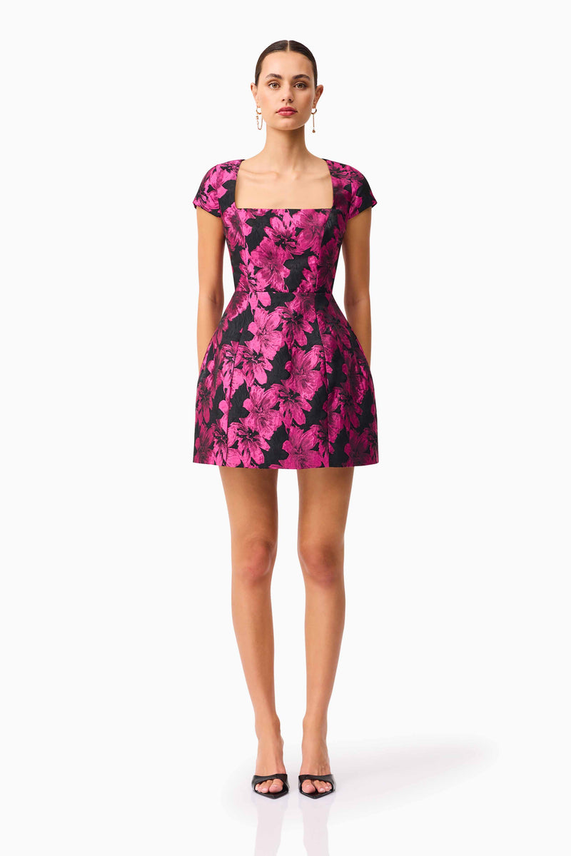 Brunette model wearing the Holly Short Sleeve Mini Dress in Pink & Black Floral front shot