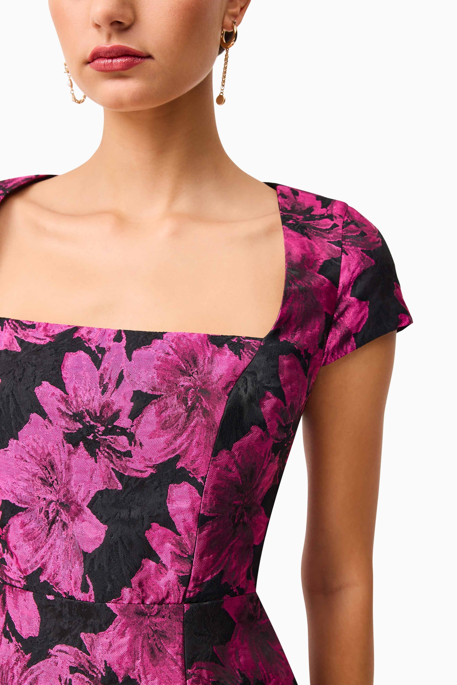 holly pink off shoulder jacquard floral mini dress Holly Short Sleeve Mini Dress in Pink & Black Floral