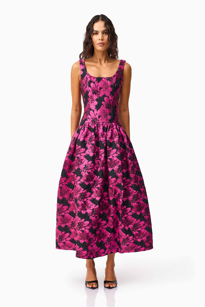 Holly A-Line Gown in Pink & Black Floral | Slim Fit & Shirred Detail Elliatt Holly A-Line Gown in Pink & Black Floral | Slim Fit & Shirred Detail Elliatt