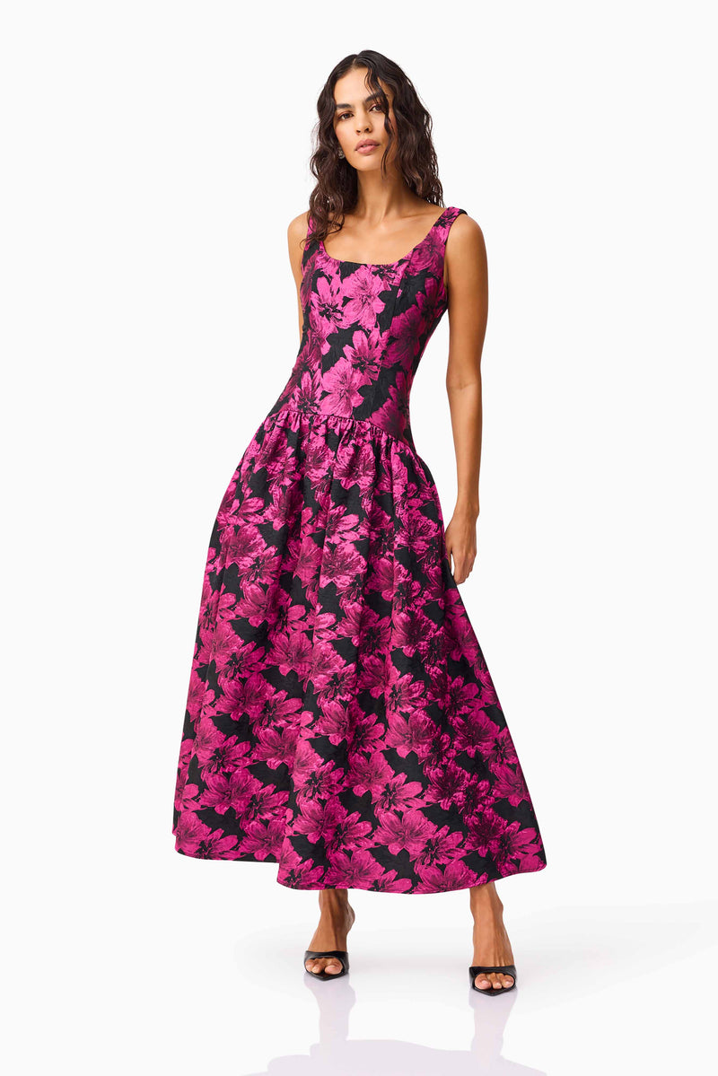Brunette model wearing the Holly A-Line Gown in Pink & Black Floral posed shot 3