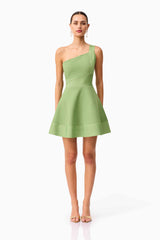 Brunette Model Wearing the Seraphina One Shoulder Mini Dress in Green front shot