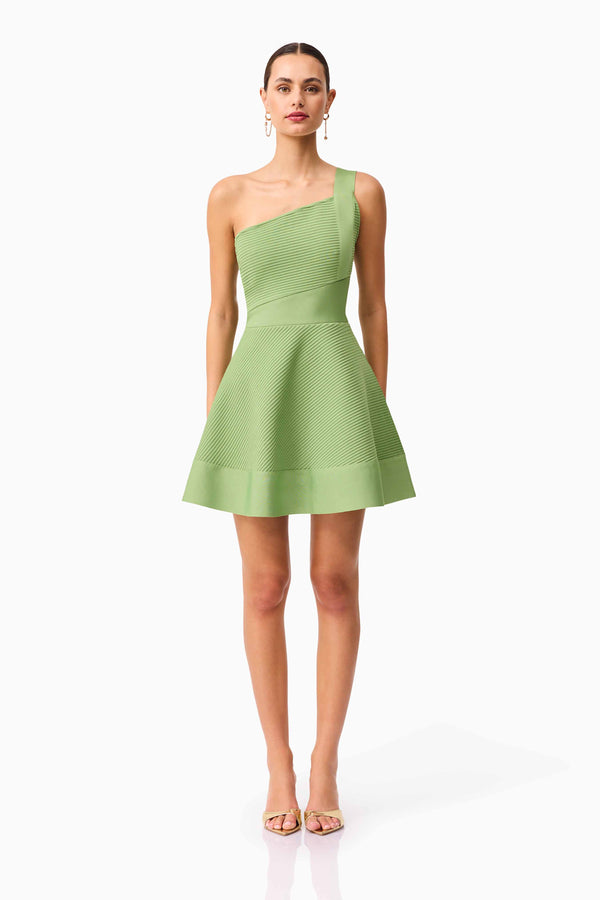 Brunette Model Wearing the Seraphina One Shoulder Mini Dress in Green front shot
