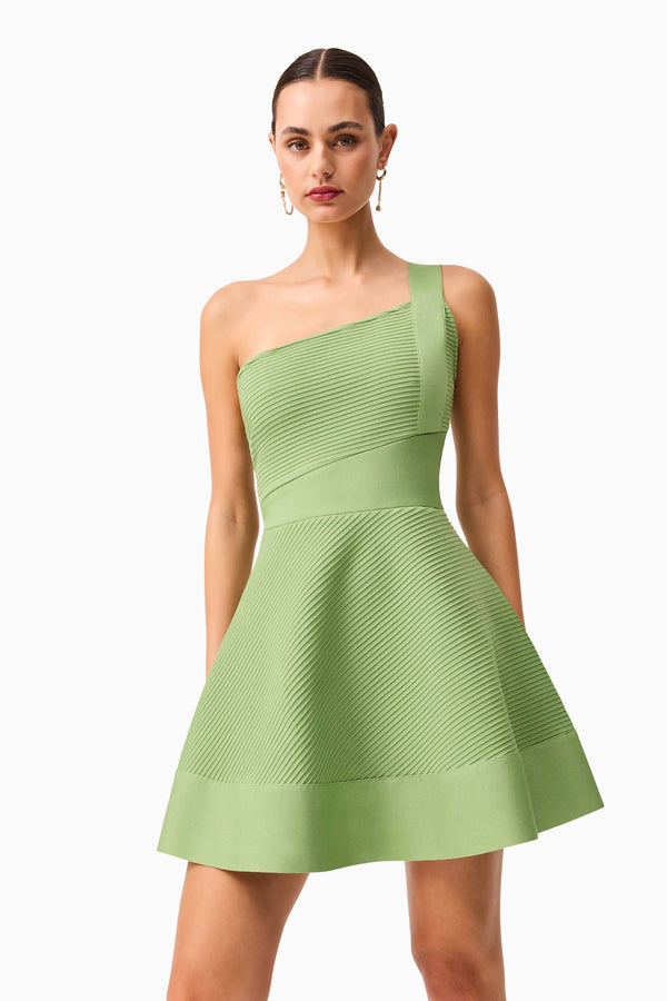 Brunette Model Wearing the Seraphina One Shoulder Mini Dress in Green close up shot