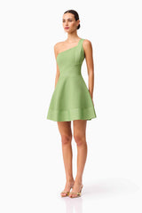 Brunette Model Wearing the Seraphina One Shoulder Mini Dress in Green side shot