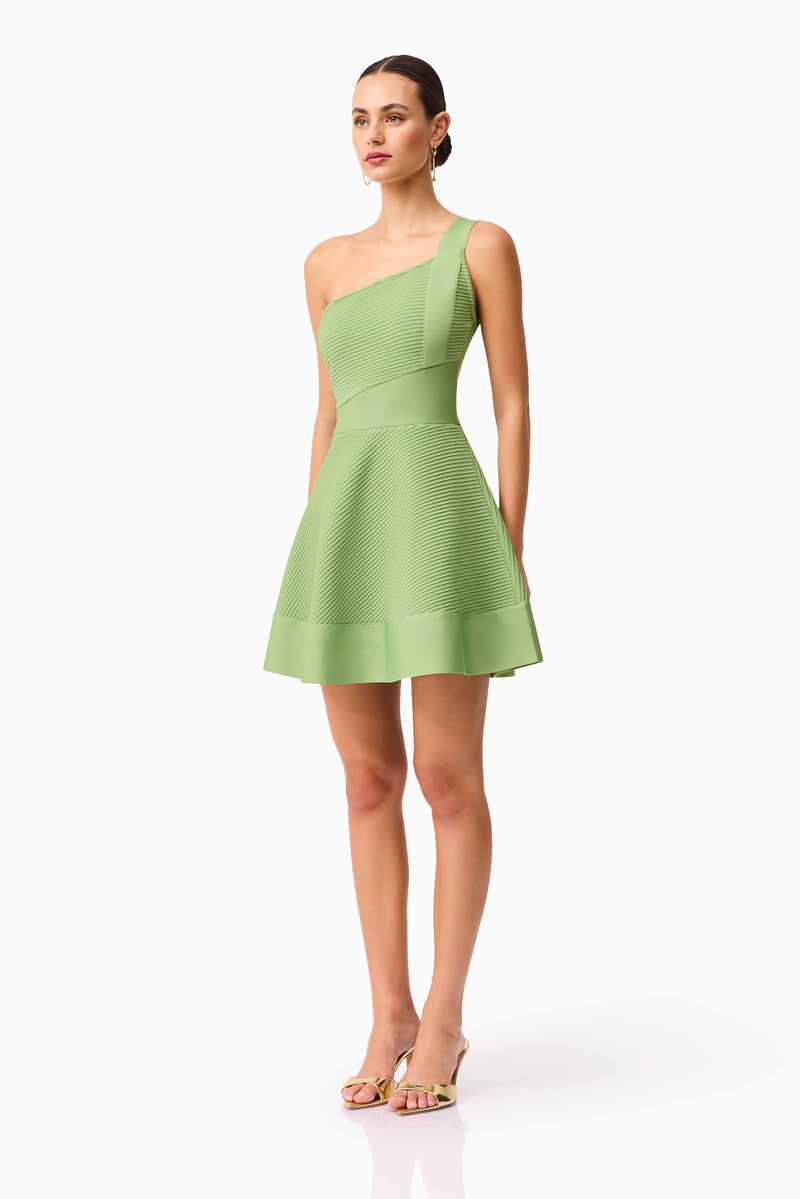 Brunette Model Wearing the Seraphina One Shoulder Mini Dress in Green side shot