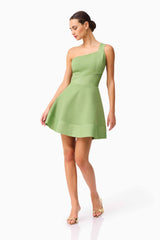 Brunette Model Wearing the Seraphina One Shoulder Mini Dress in Green posed shot