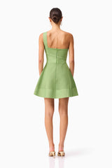 Brunette Model Wearing the Seraphina One Shoulder Mini Dress in Green back shot