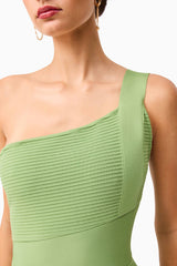 Brunette Model Wearing the Seraphina One Shoulder Mini Dress in Green detail shot