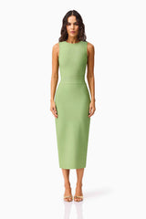Brunette model wearing the Seraphina Fitted Midi Dress in Green front shot