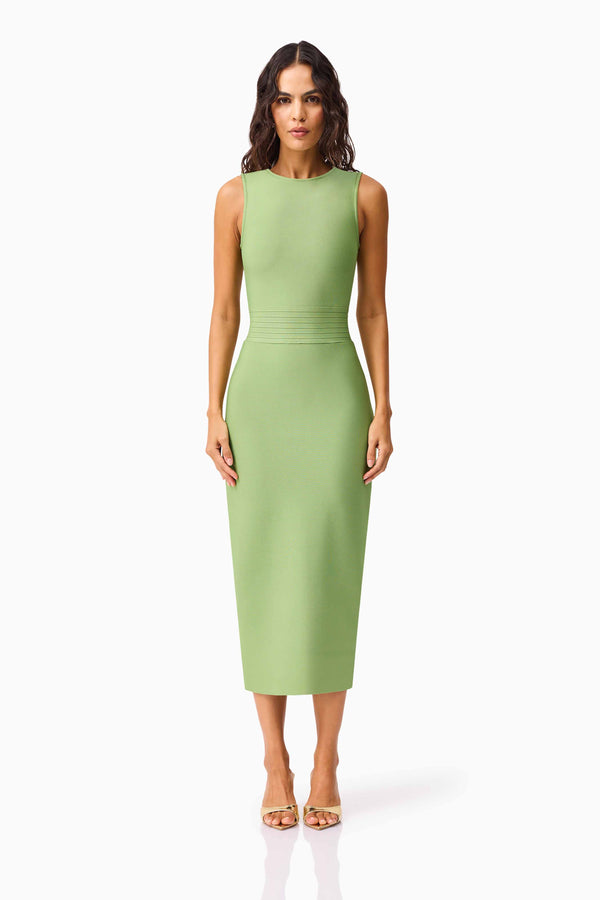 Brunette model wearing the Seraphina Fitted Midi Dress in Green front shot