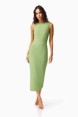 Brunette model wearing the Seraphina Fitted Midi Dress in Green posed shot