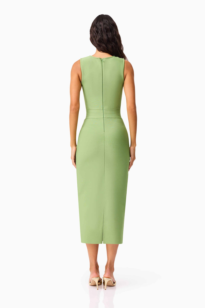 Brunette model wearing the Seraphina Fitted Midi Dress in Green back shot