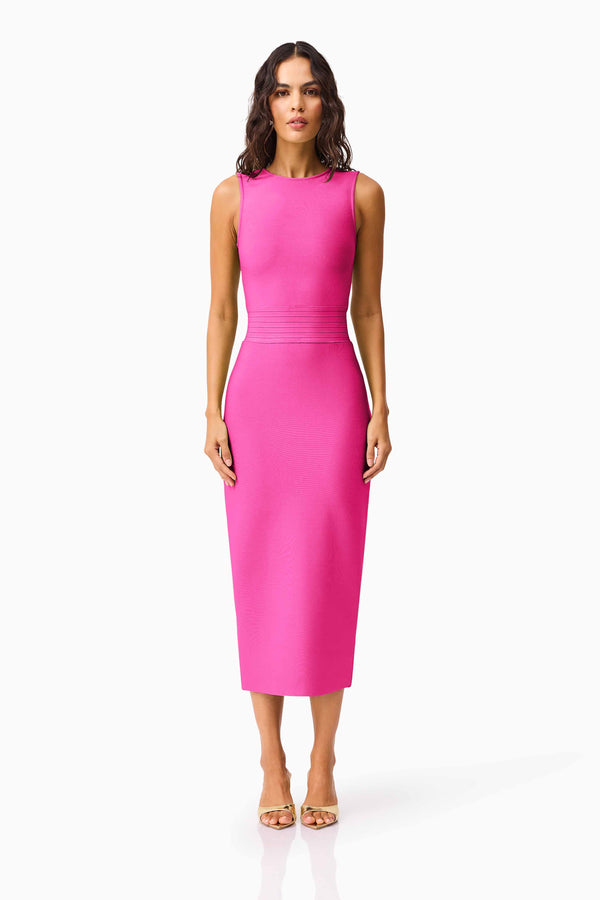 Brunette model wearing the Seraphina Fitted Midi Dress in Pink front shot