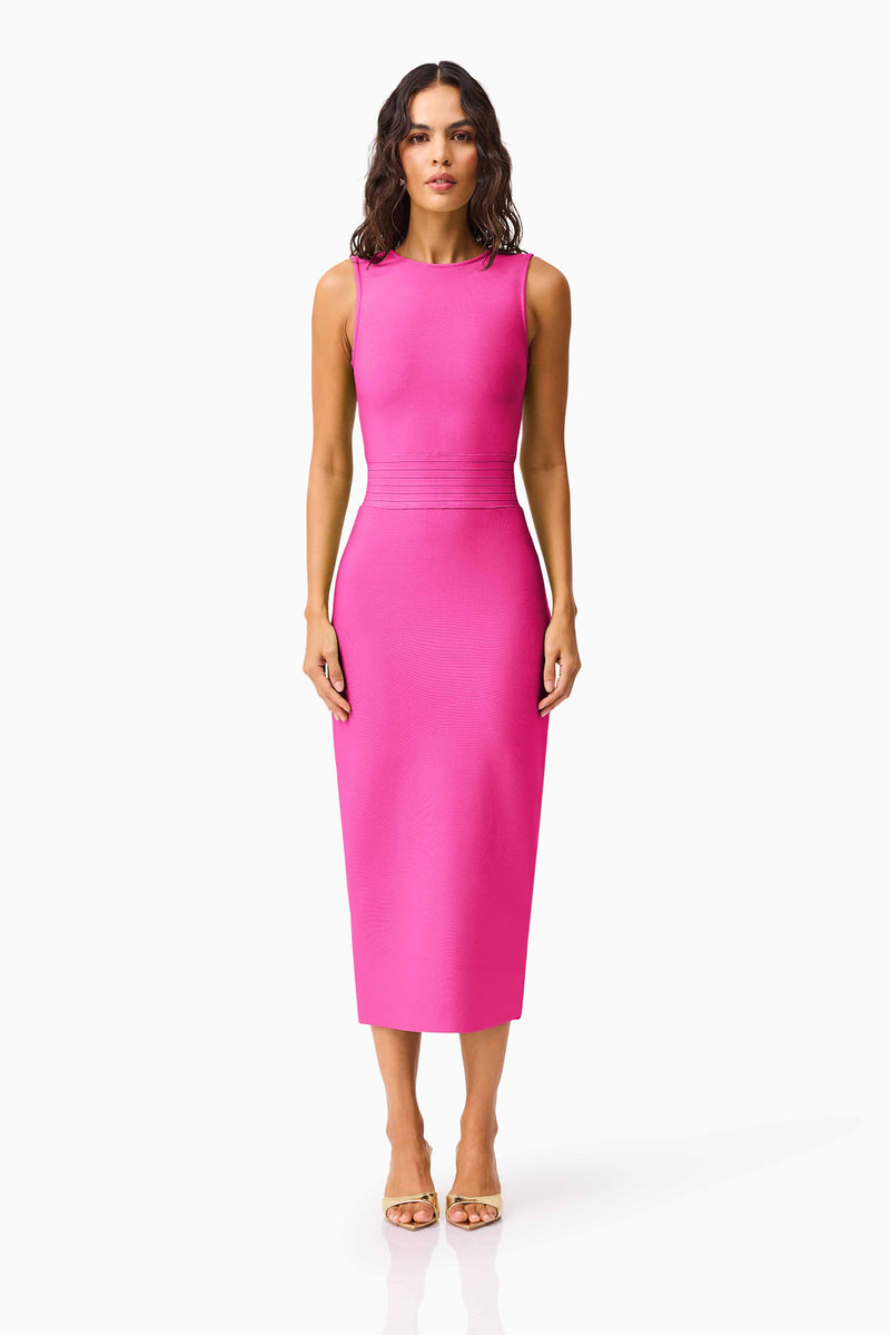Brunette model wearing the Seraphina Fitted Midi Dress in Pink front shot