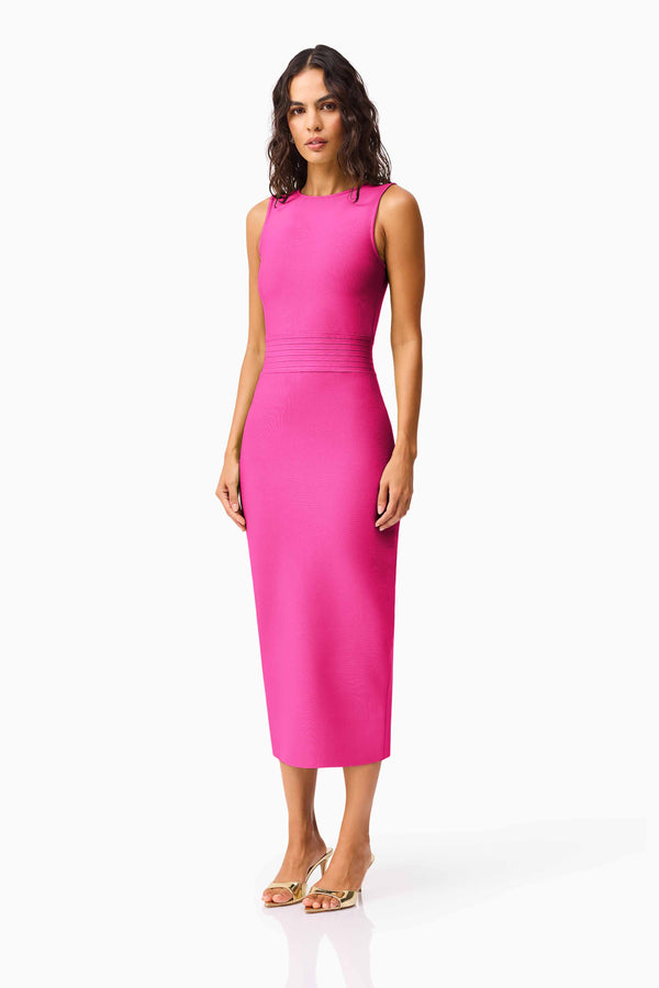 Brunette model wearing the Seraphina Fitted Midi Dress in Pink side shot