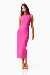 Brunette model wearing the Seraphina Fitted Midi Dress in Pink posed shot