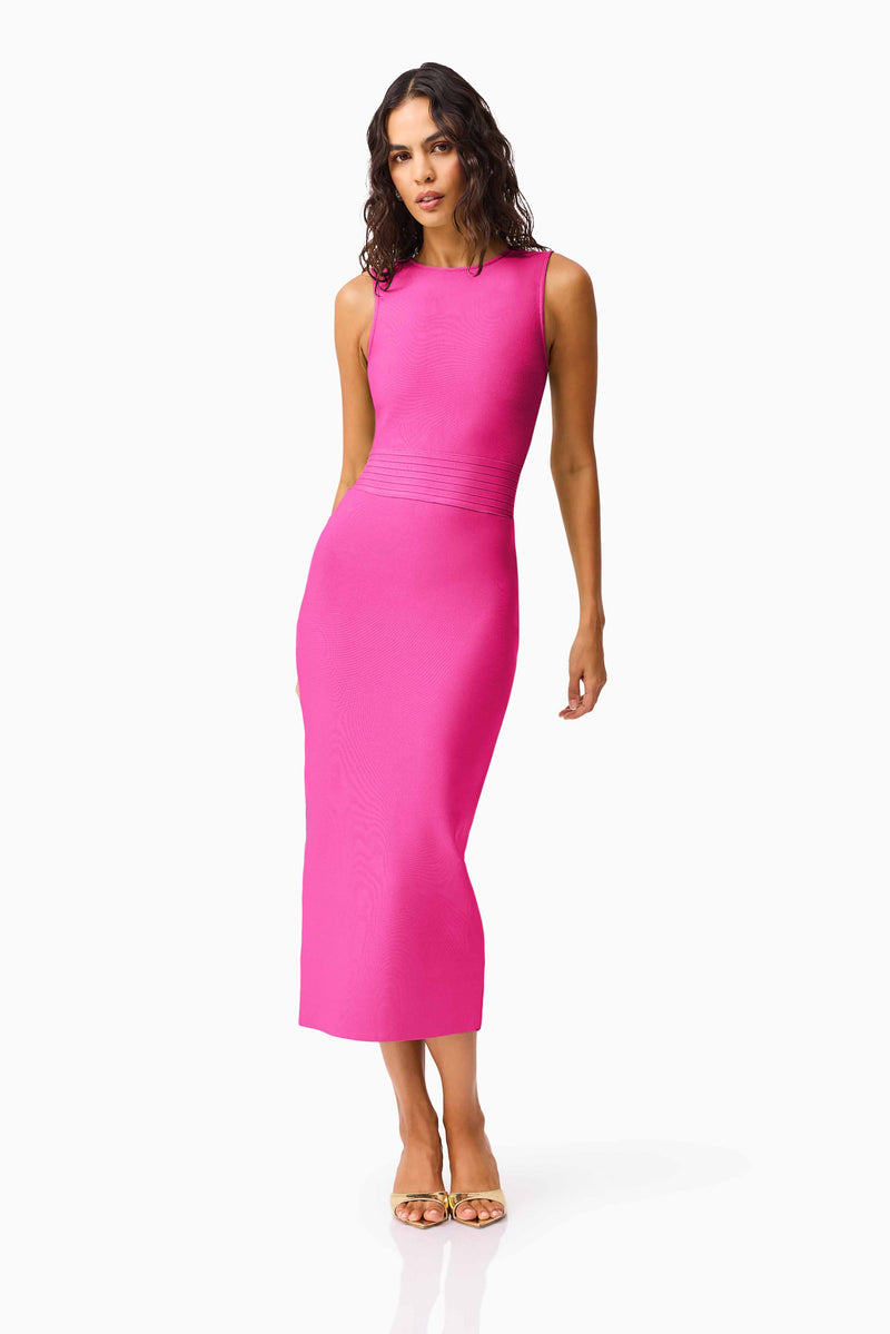 Brunette model wearing the Seraphina Fitted Midi Dress in Pink posed shot