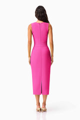Brunette model wearing the Seraphina Fitted Midi Dress in Pink back shot
