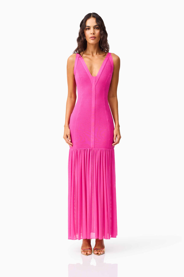 Brunette model wearing the Seraphina Gown in Pink front shot