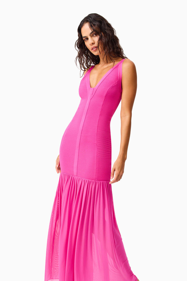 Brunette model wearing the Seraphina Gown in Pink close up shot
