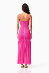 Brunette model wearing the Seraphina Gown in Pink back shot