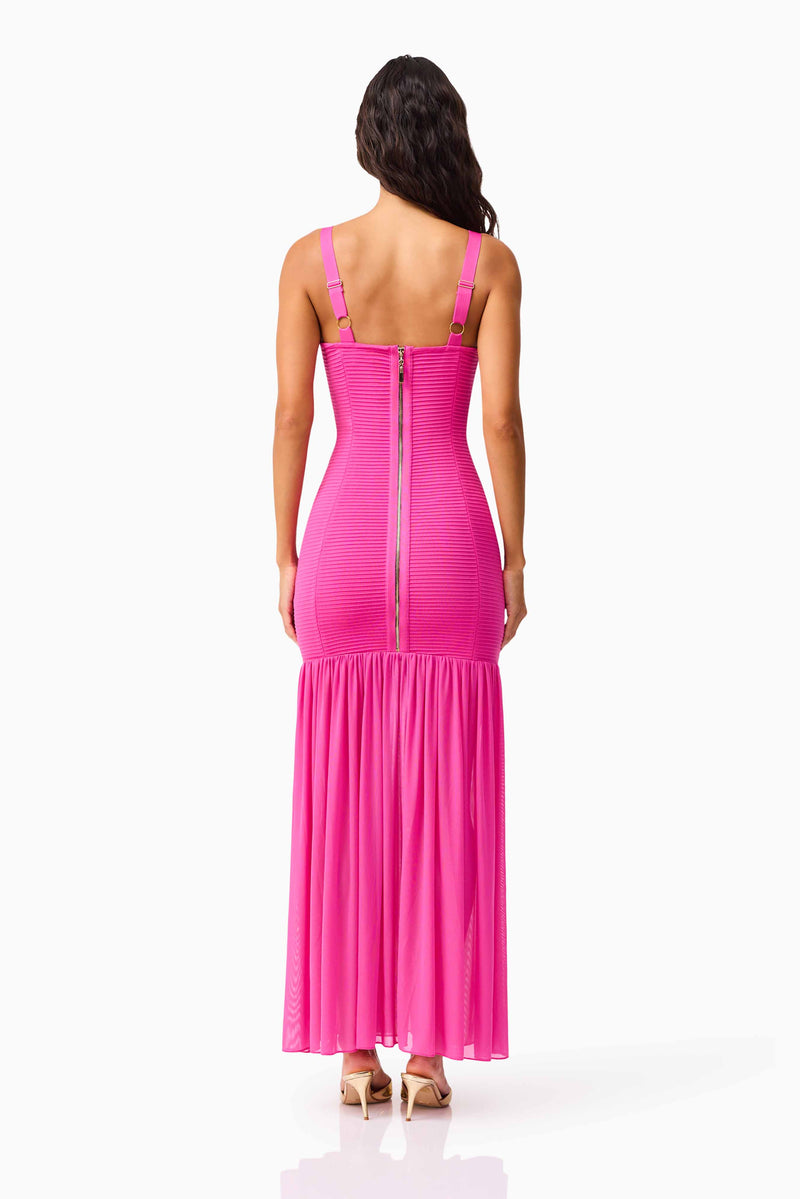 Brunette model wearing the Seraphina Gown in Pink back shot